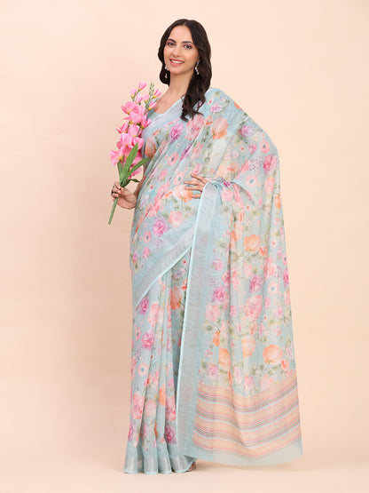 Astita Sea Green Cotton Cotton Saree with Tribal Floral Print | Bold Ethnic Design | Lightweight Casual & Festive Saree for Women