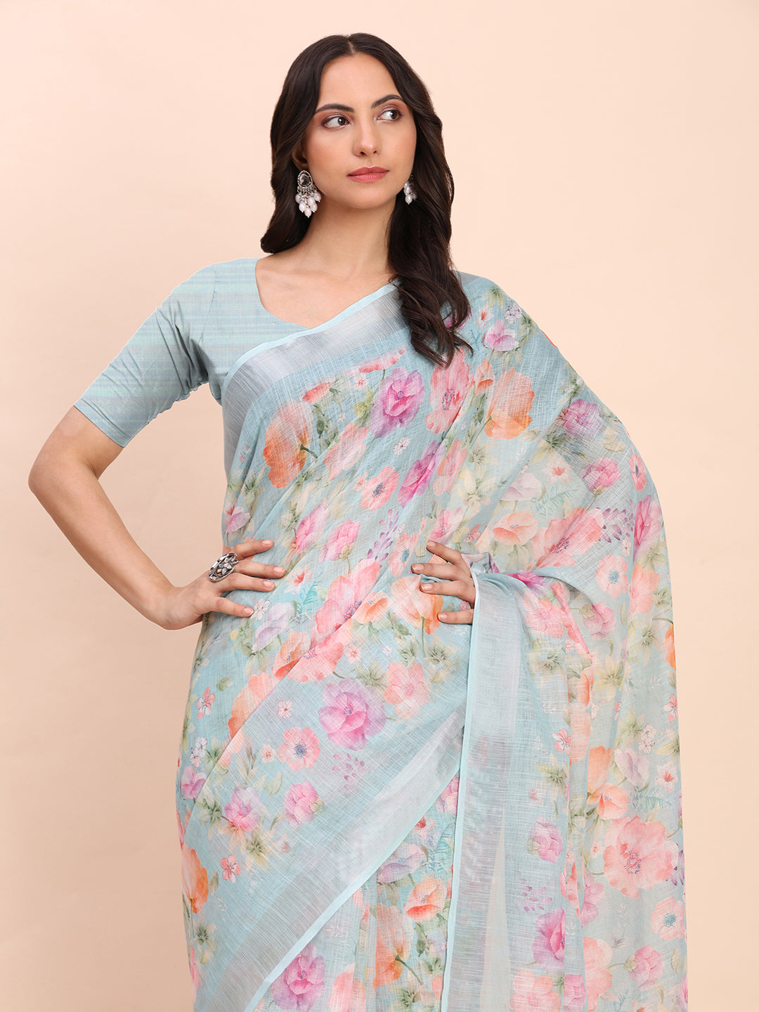 Astita Sea Green Cotton Cotton Saree with Tribal Floral Print | Bold Ethnic Design | Lightweight Casual & Festive Saree for Women