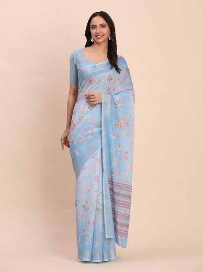 Astita Sky Blue Cotton Cotton Saree with Tribal Floral Print | Bold Ethnic Design | Lightweight Casual & Festive Saree for Women