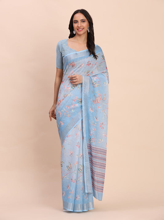 Astita Sky Blue Cotton Cotton Saree with Tribal Floral Print | Bold Ethnic Design | Lightweight Casual & Festive Saree for Women