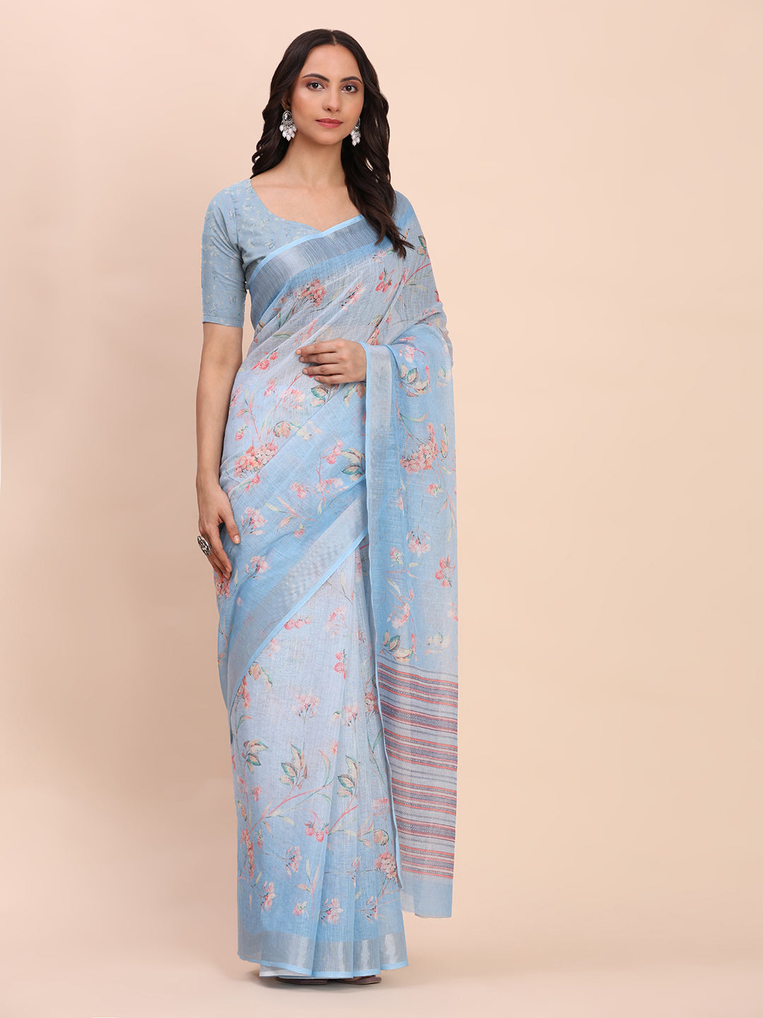Astita Sky Blue Cotton Cotton Saree with Tribal Floral Print | Bold Ethnic Design | Lightweight Casual & Festive Saree for Women