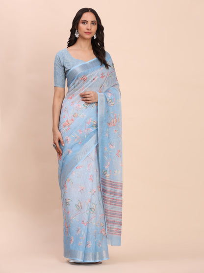 Astita Sky Blue Cotton Cotton Saree with Tribal Floral Print | Bold Ethnic Design | Lightweight Casual & Festive Saree for Women