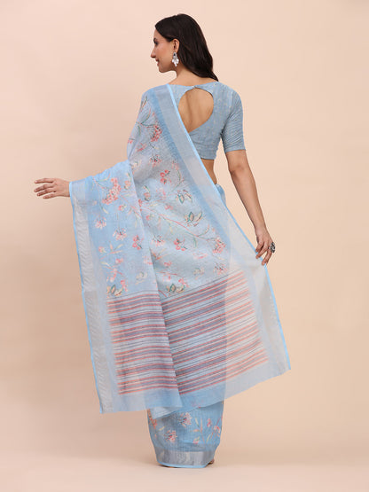 Astita Sky Blue Cotton Cotton Saree with Tribal Floral Print | Bold Ethnic Design | Lightweight Casual & Festive Saree for Women