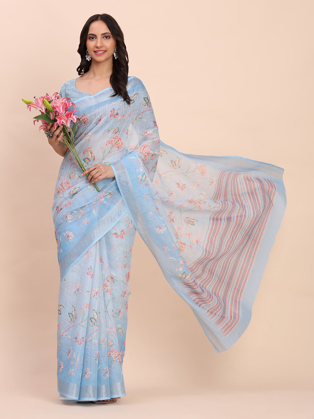 Astita Sky Blue Cotton Cotton Saree with Tribal Floral Print | Bold Ethnic Design | Lightweight Casual & Festive Saree for Women