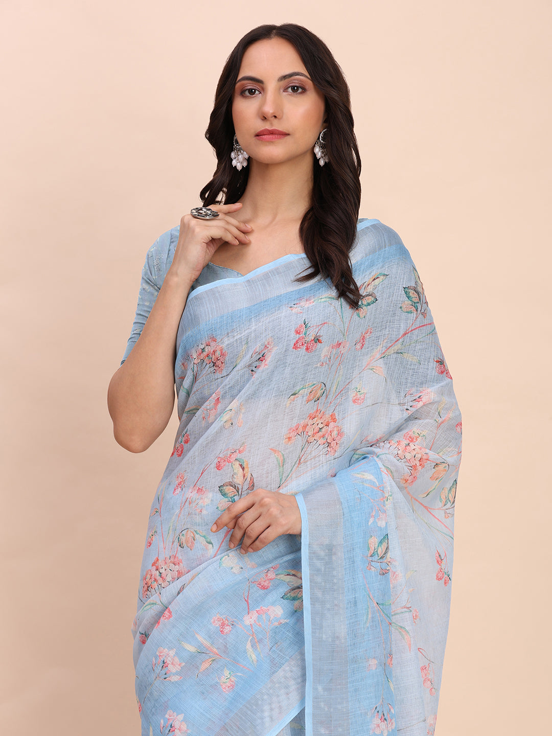 Astita Sky Blue Cotton Cotton Saree with Tribal Floral Print | Bold Ethnic Design | Lightweight Casual & Festive Saree for Women