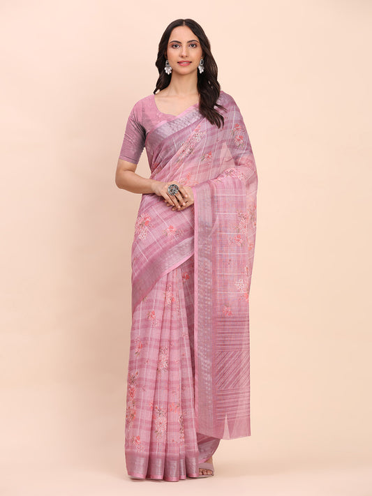 Astita Pink Cotton Cotton Saree with Tribal Floral Print | Bold Ethnic Design | Lightweight Casual & Festive Saree for Women