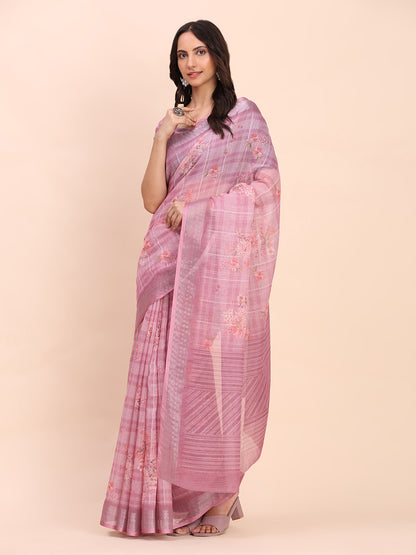 Astita Pink Cotton Cotton Saree with Tribal Floral Print | Bold Ethnic Design | Lightweight Casual & Festive Saree for Women