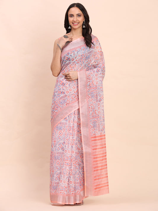 Astita Teal Cotton Cotton Saree with Tribal Floral Print | Bold Ethnic Design | Lightweight Casual & Festive Saree for Women