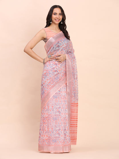 Astita Teal Cotton Cotton Saree with Tribal Floral Print | Bold Ethnic Design | Lightweight Casual & Festive Saree for Women