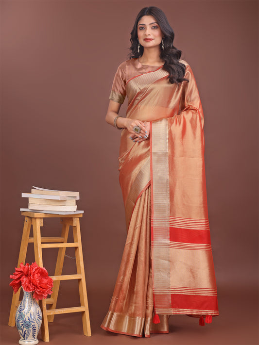 Astita Elegant Orange & Red Organza Saree with Rich Zari Border & Pallu Tassels | Premium Partywear Saree for Women