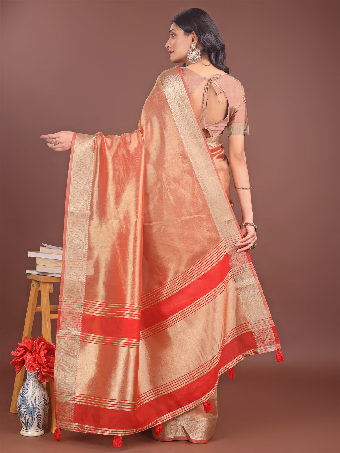 Astita Elegant Orange & Red Organza Saree with Rich Zari Border & Pallu Tassels | Premium Partywear Saree for Women