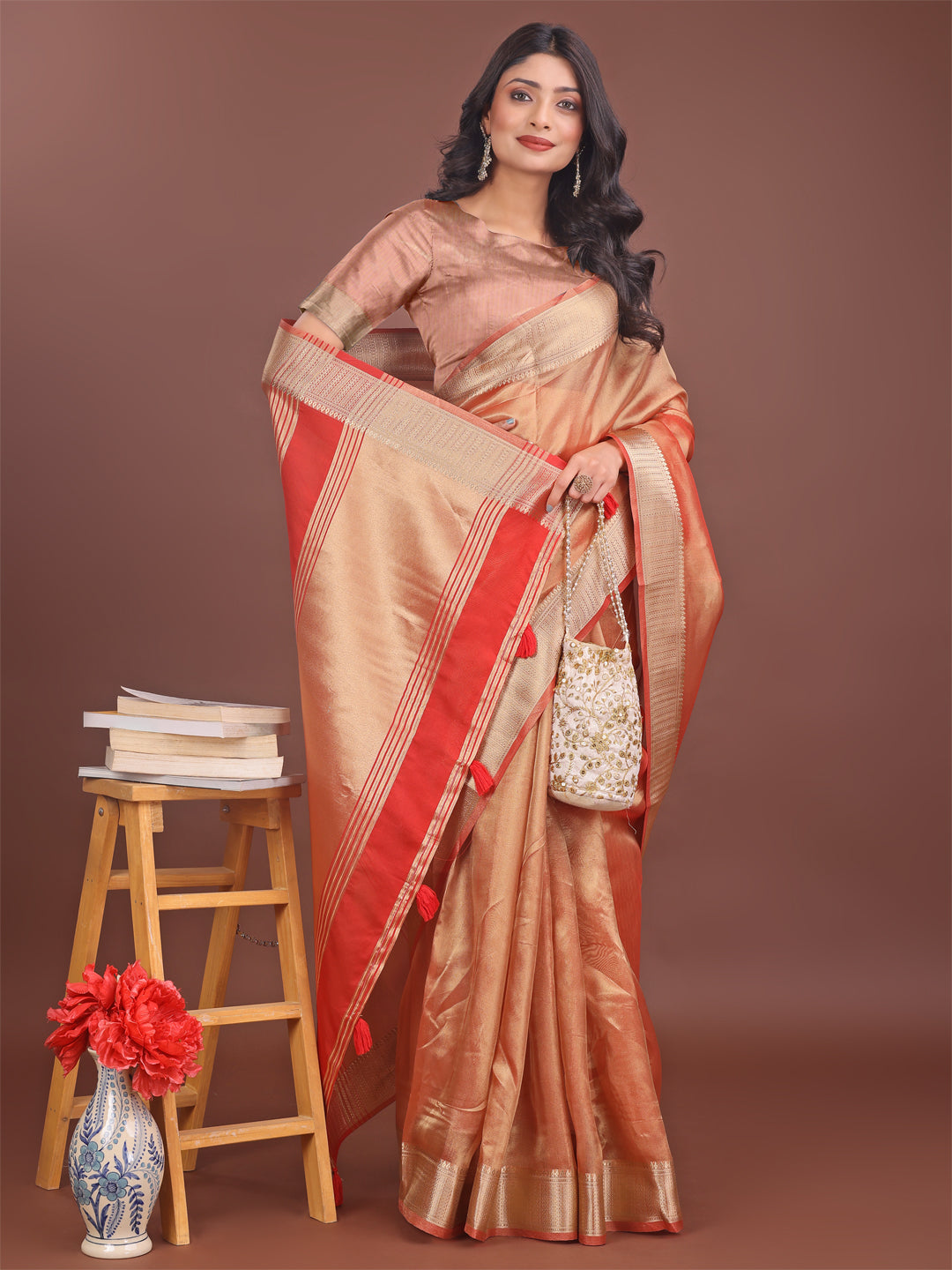Astita Elegant Orange & Red Organza Saree with Rich Zari Border & Pallu Tassels | Premium Partywear Saree for Women
