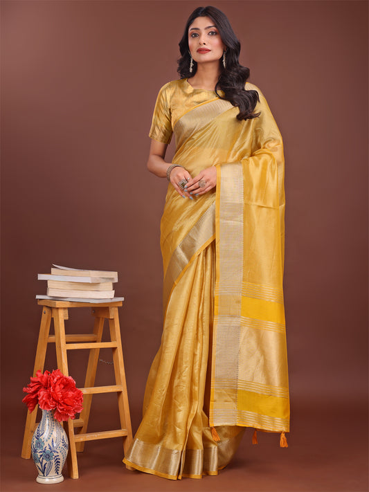 Astita Elegant Yellow & Yellow Organza Saree with Rich Zari Border & Pallu Tassels | Premium Partywear Saree for Women