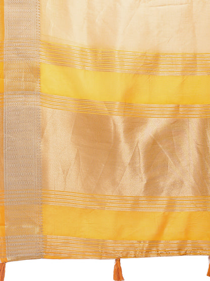 Astita Elegant Yellow & Yellow Organza Saree with Rich Zari Border & Pallu Tassels | Premium Partywear Saree for Women