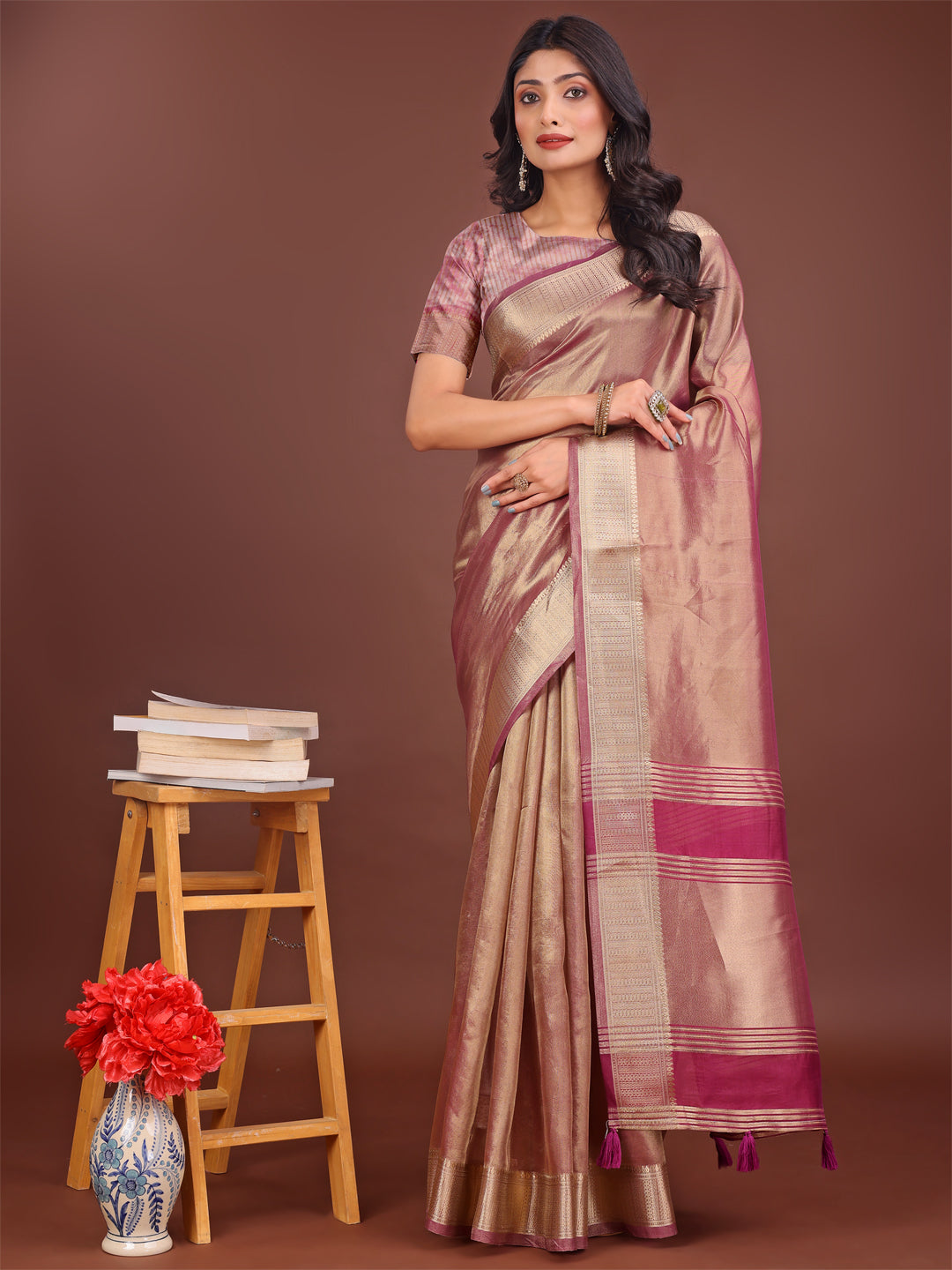 Astita Elegant Light Pink & Magenta Organza Saree with Rich Zari Border & Pallu Tassels | Premium Partywear Saree for Women