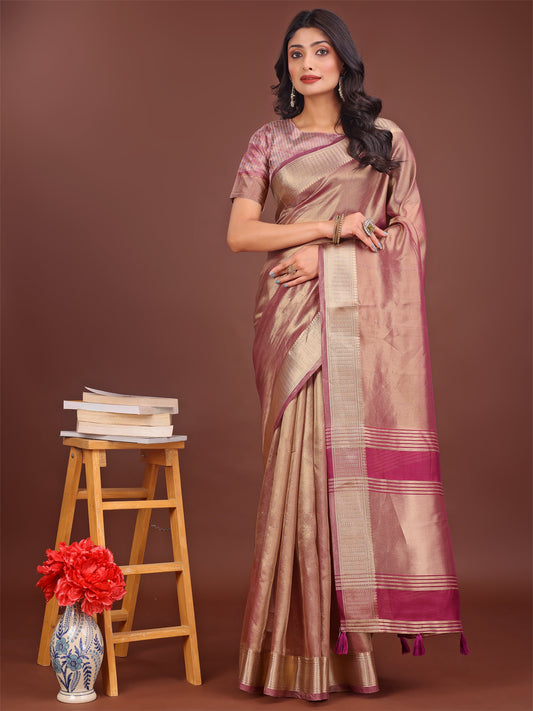 Astita Elegant Light Pink & Magenta Organza Saree with Rich Zari Border & Pallu Tassels | Premium Partywear Saree for Women