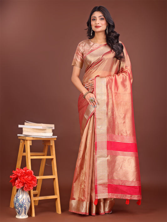 Astita Elegant Orange & Pink Organza Saree with Rich Zari Border & Pallu Tassels | Premium Partywear Saree for Women
