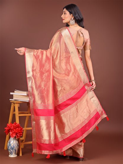 Astita Elegant Orange & Pink Organza Saree with Rich Zari Border & Pallu Tassels | Premium Partywear Saree for Women