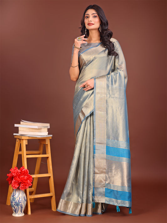 Astita Elegant Grey & Sky Blue Organza Saree with Rich Zari Border & Pallu Tassels | Premium Partywear Saree for Women