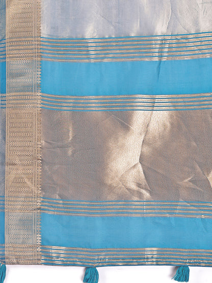 Astita Elegant Grey & Sky Blue Organza Saree with Rich Zari Border & Pallu Tassels | Premium Partywear Saree for Women