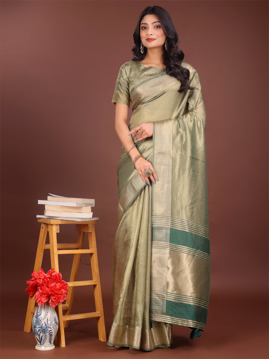 Astita Elegant Light Green & Green Organza Saree with Rich Zari Border & Pallu Tassels | Premium Partywear Saree for Women