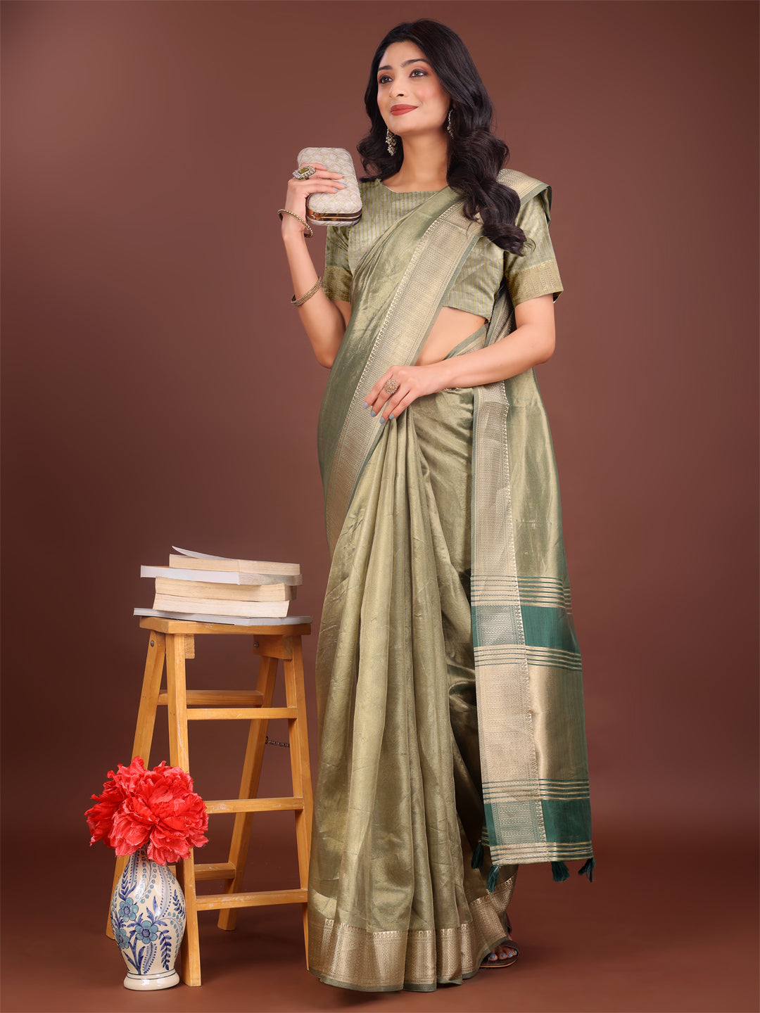 Astita Elegant Light Green & Green Organza Saree with Rich Zari Border & Pallu Tassels | Premium Partywear Saree for Women