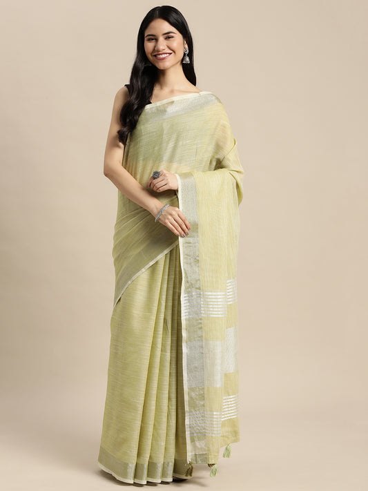 Astita Elegant Olive Green Woven Linen Saree with Contrast Zari Border & Tassels – Soft & Breathable Party Wear