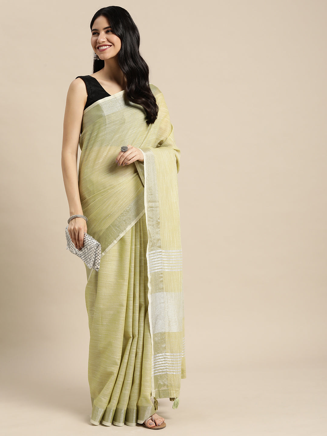Astita Elegant Olive Green Woven Linen Saree with Contrast Zari Border & Tassels – Soft & Breathable Party Wear
