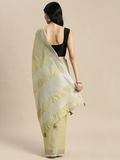Astita Elegant Olive Green Woven Linen Saree with Contrast Zari Border & Tassels – Soft & Breathable Party Wear