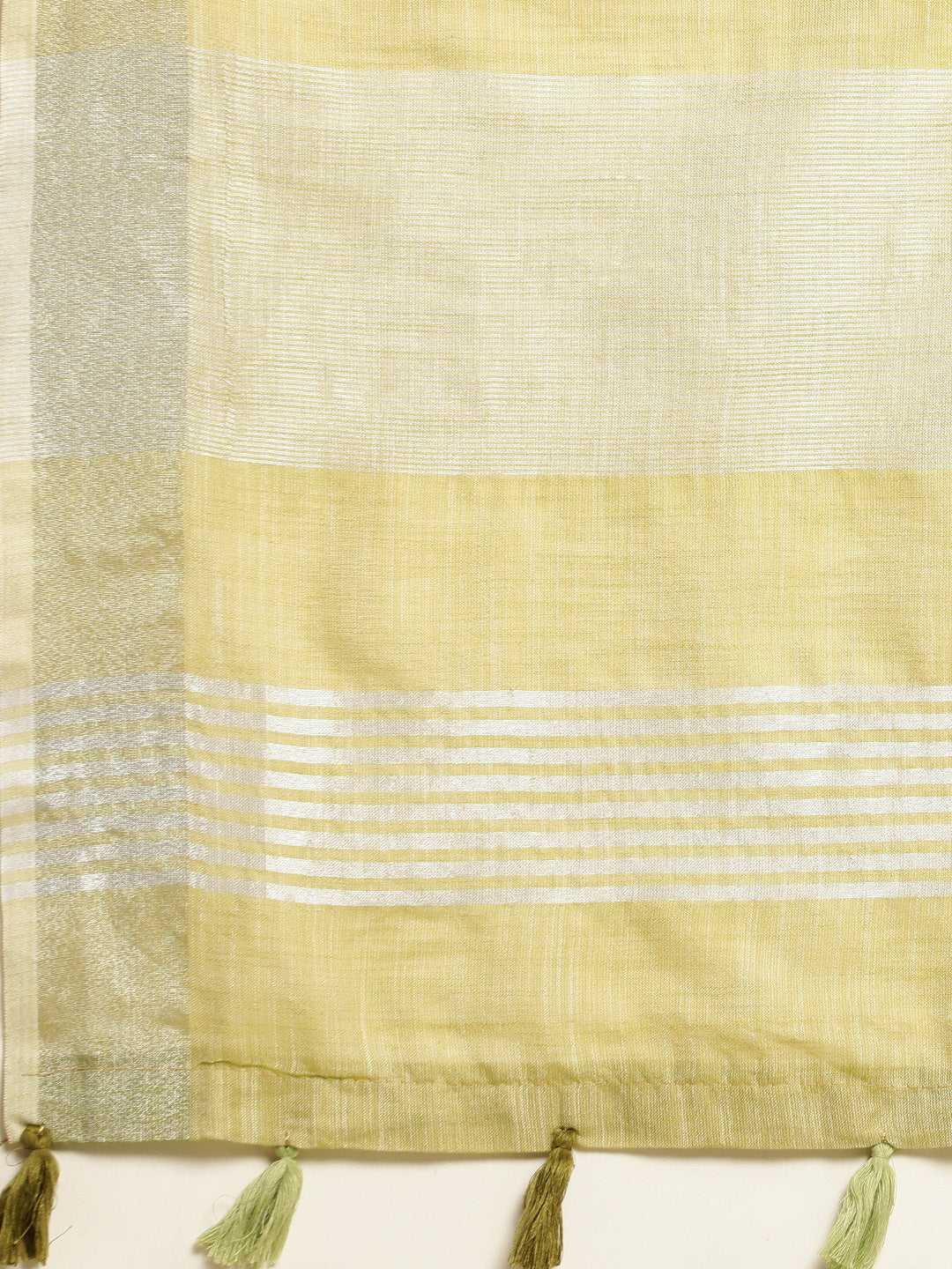 Astita Elegant Olive Green Woven Linen Saree with Contrast Zari Border & Tassels – Soft & Breathable Party Wear