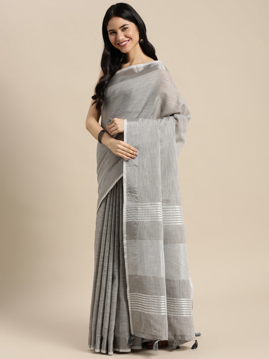 Astita Elegant Light Grey Woven Linen Saree with Contrast Zari Border & Tassels – Soft & Breathable Party Wear