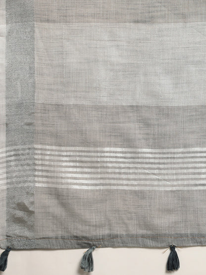 Astita Elegant Light Grey Woven Linen Saree with Contrast Zari Border & Tassels – Soft & Breathable Party Wear