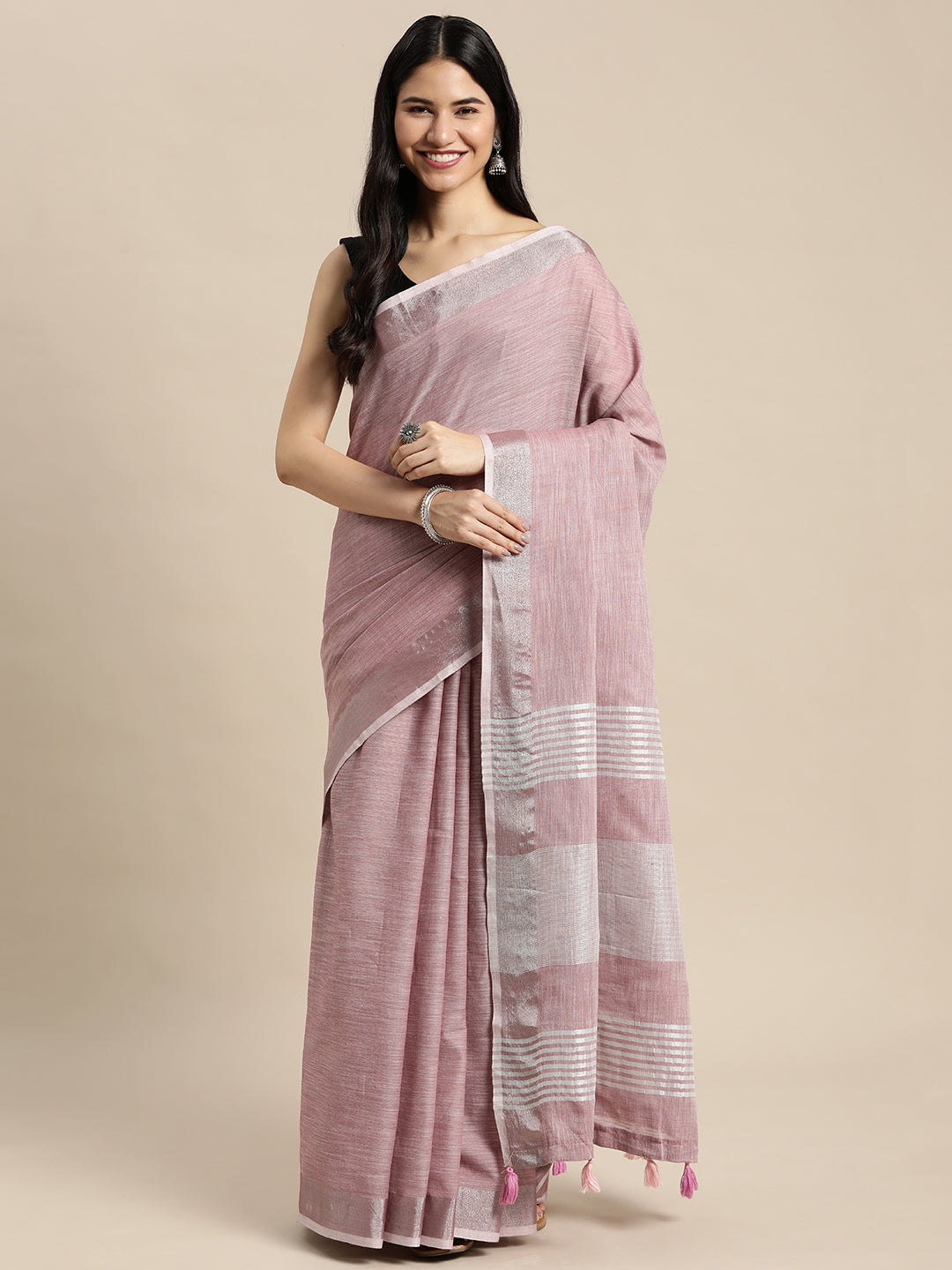 Astita Elegant Mauve Woven Linen Saree with Contrast Zari Border & Tassels – Soft & Breathable Party Wear