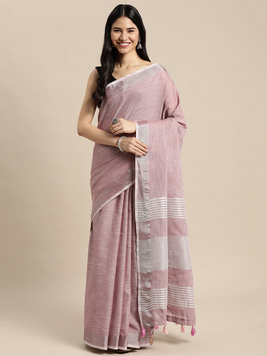 Astita Elegant Mauve Woven Linen Saree with Contrast Zari Border & Tassels – Soft & Breathable Party Wear
