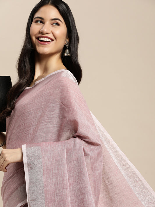Astita Elegant Mauve Woven Linen Saree with Contrast Zari Border & Tassels – Soft & Breathable Party Wear