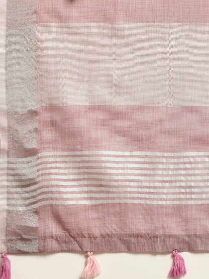 Astita Elegant Mauve Woven Linen Saree with Contrast Zari Border & Tassels – Soft & Breathable Party Wear
