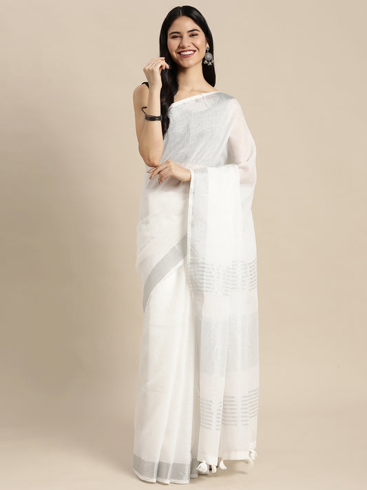 Astita Elegant White Woven Linen Saree with Contrast Zari Border & Tassels – Soft & Breathable Party Wear