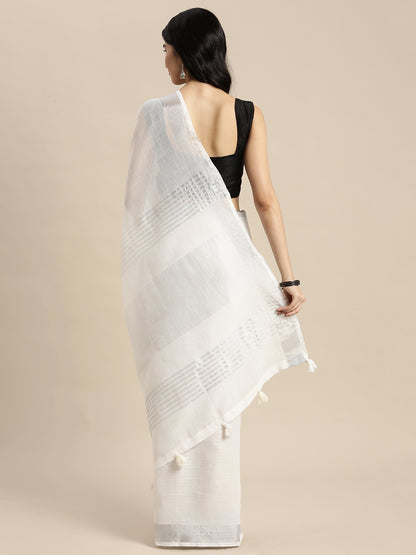 Astita Elegant White Woven Linen Saree with Contrast Zari Border & Tassels – Soft & Breathable Party Wear