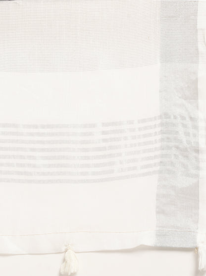 Astita Elegant White Woven Linen Saree with Contrast Zari Border & Tassels – Soft & Breathable Party Wear