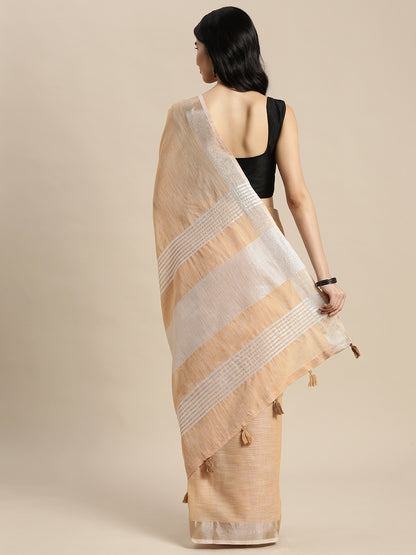 Astita Elegant Tan Woven Linen Saree with Contrast Zari Border & Tassels – Soft & Breathable Party Wear