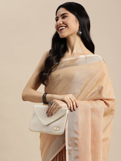 Astita Elegant Tan Woven Linen Saree with Contrast Zari Border & Tassels – Soft & Breathable Party Wear