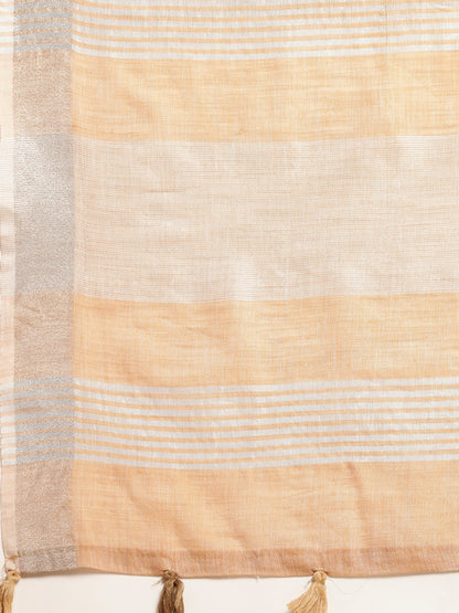 Astita Elegant Tan Woven Linen Saree with Contrast Zari Border & Tassels – Soft & Breathable Party Wear