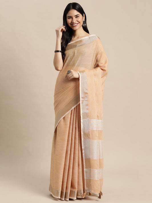 Astita Elegant Tan Woven Linen Saree with Contrast Zari Border & Tassels – Soft & Breathable Party Wear