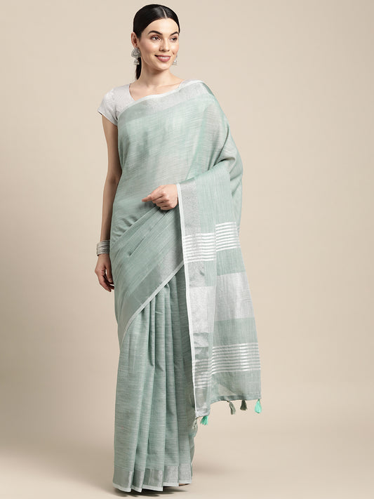 Elegant Sea Green Woven Linen Saree with Contrast Zari Border & Tassels – Soft & Breathable Party Wear