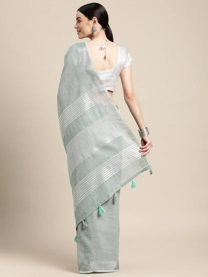 Elegant Sea Green Woven Linen Saree with Contrast Zari Border & Tassels – Soft & Breathable Party Wear