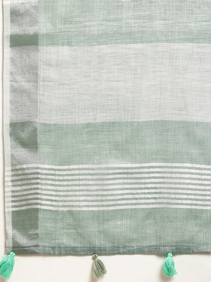 Elegant Sea Green Woven Linen Saree with Contrast Zari Border & Tassels – Soft & Breathable Party Wear