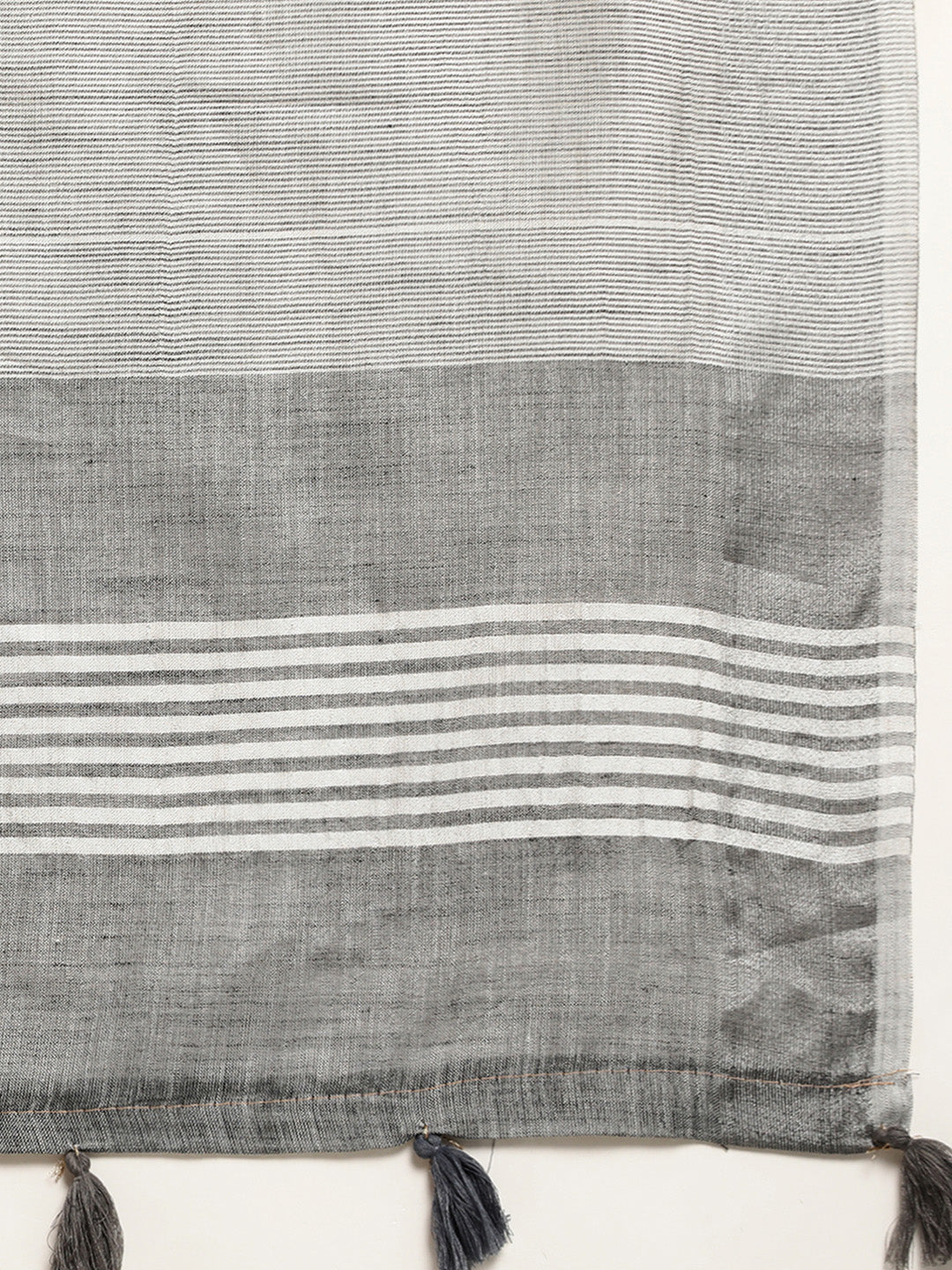 Woven Linen Blend Saree with Silver Zari Border & Tassels