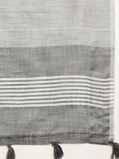 Woven Linen Blend Saree with Silver Zari Border & Tassels