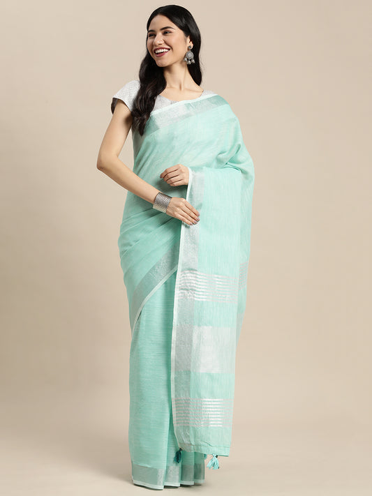 Elegant Turquoise Woven Linen Saree with Contrast Zari Border & Tassels – Soft & Breathable Party Wear