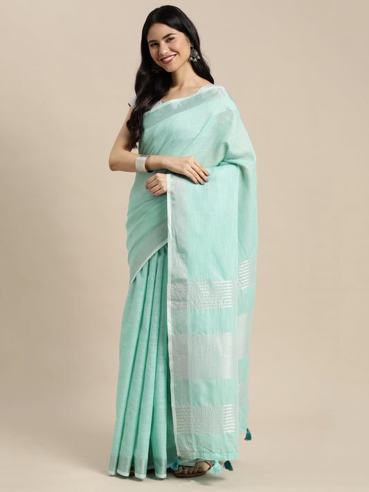Elegant Turquoise Woven Linen Saree with Contrast Zari Border & Tassels – Soft & Breathable Party Wear